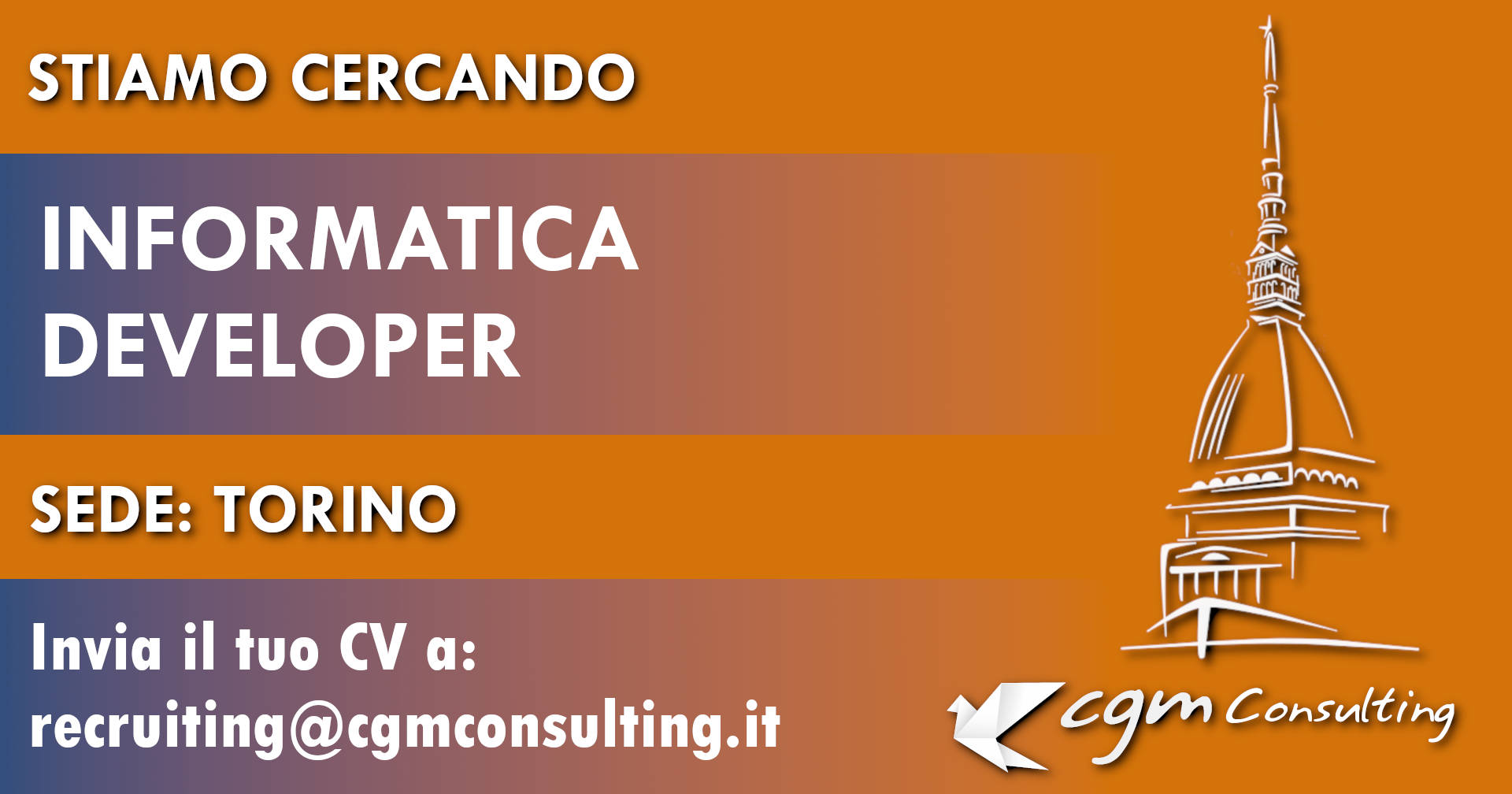CGMConsulting's tweet card. CGM Consulting ricerca con urgenza Informatica Developer a Torino da inserire immediatamente in una prestigiosa azienda multinazionale.