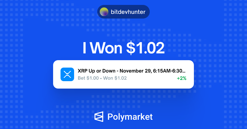 bitdevhunter's tweet card. Check out my winning bets on Polymarket - I just redeemed $1.02 from 1 market.