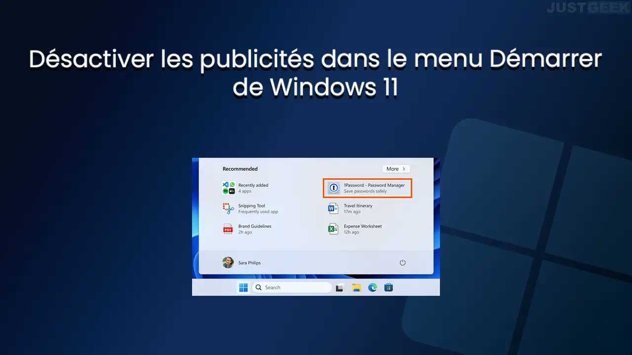 JustGeek's tweet card. Découvrez comment désactiver facilement les publicités dans le menu Démarrer de Windows 11, suite à la mise à jour KB5036980.