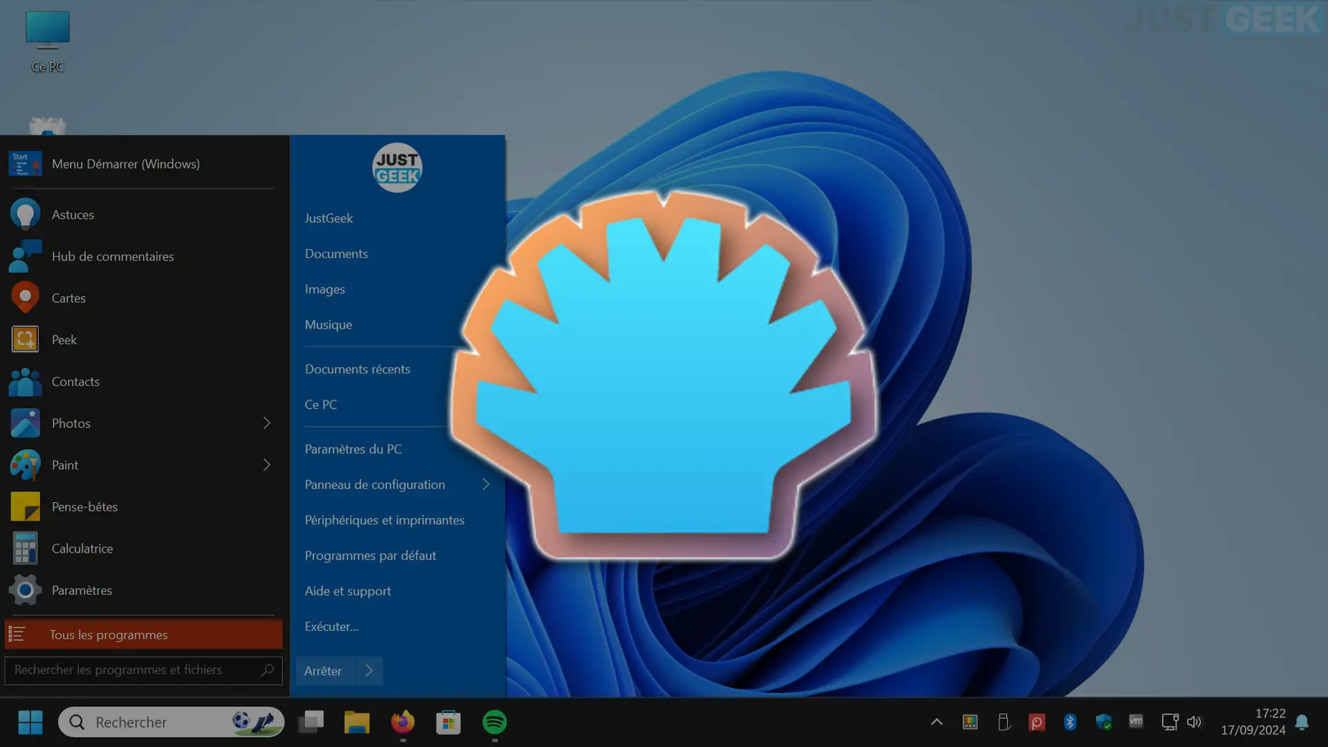JustGeek's tweet card. Découvrez comment retrouver le menu Démarrer classique sous Windows 11 et 10 avec Open-Shell, un logiciel gratuit et open source.