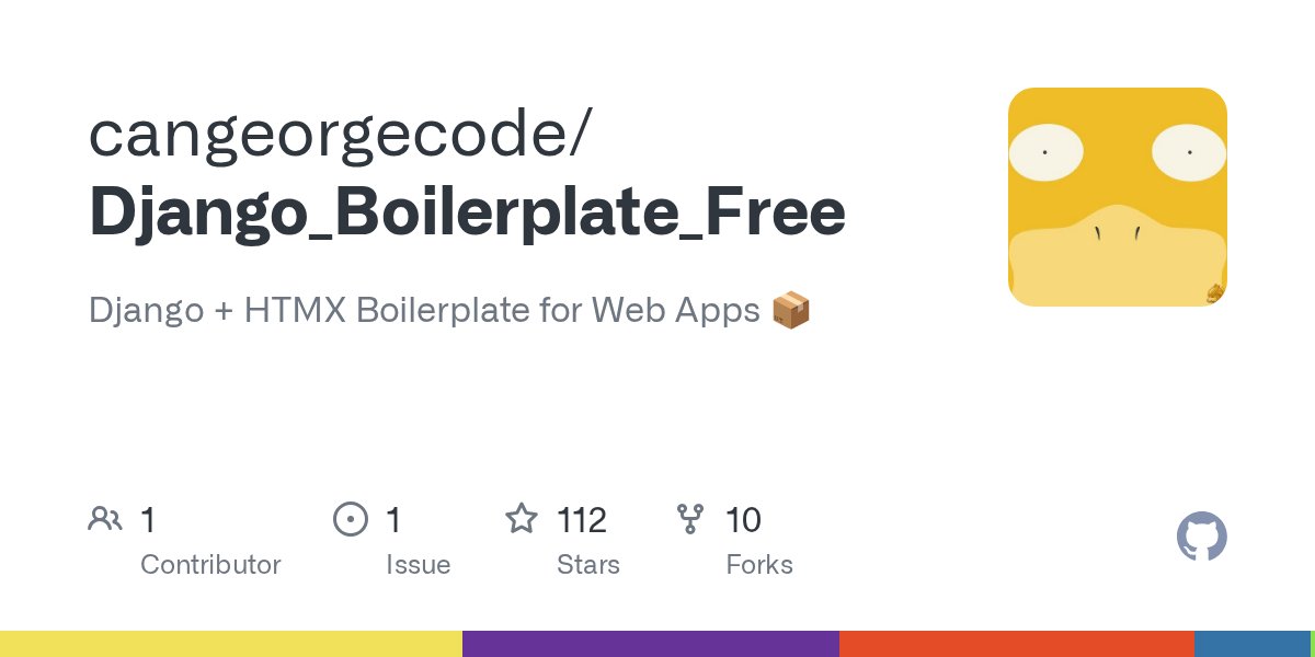 georgedevz's tweet card. Django + HTMX Boilerplate for Web Apps 📦. Contribute to cangeorgecode/Django_Boilerplate_Free development by creating an account on GitHub.