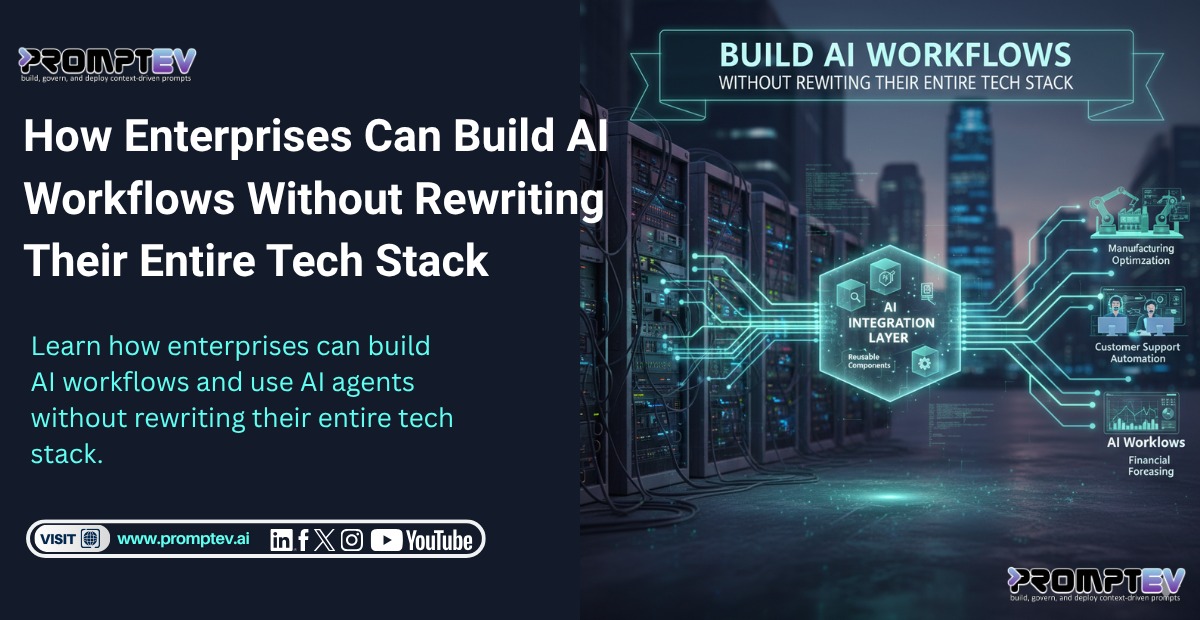 promptevai's tweet card. Learn how enterprises can adopt AI workflows safely using smart integration, automation, and low-code tools without replacing legacy systems.