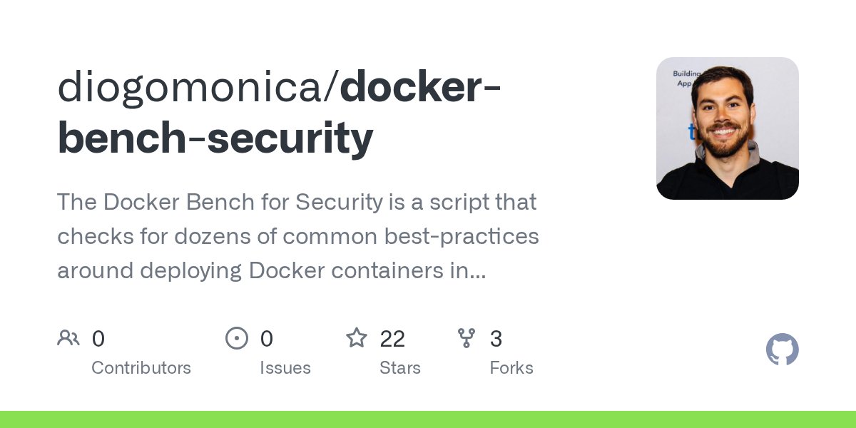 netantho's tweet card. The Docker Bench for Security is a script that checks for dozens of common best-practices around deploying Docker containers in production. https://dockerbench.com - diogomonica/docker-bench-security