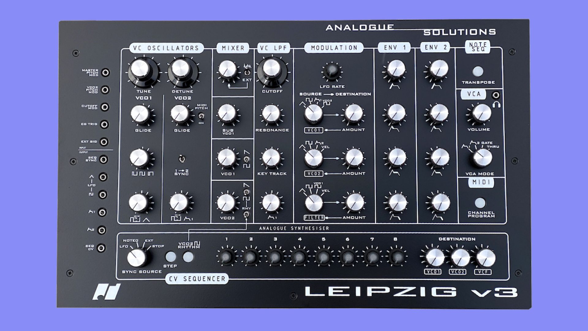 synthanatomy's tweet card. Analogue Solutions the Leipzig v3, a patchable monophonic Synthesizer with a clever design, lots of character, and an analog soul.