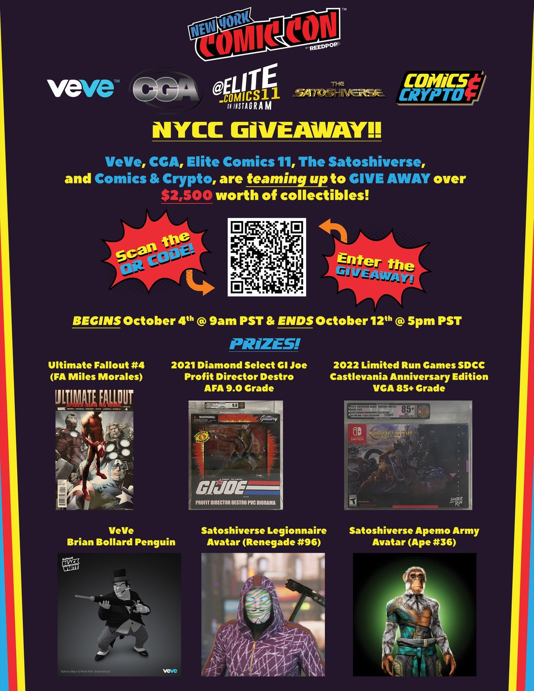 ryancarlcode's tweet card. In celebration of New York Comic Con, Comics & Crypto is teaming up with VeVe, CGA, Elite Comics 11, and The Satoshiverse to give away over $2,500 in digital and physical collectibles to 5 lucky...