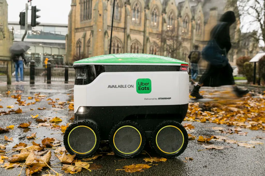 squaredtechco's tweet card. Uber Eats robot delivery starts in the UK as Uber partners with Starship to deploy sidewalk robots for faster food delivery.