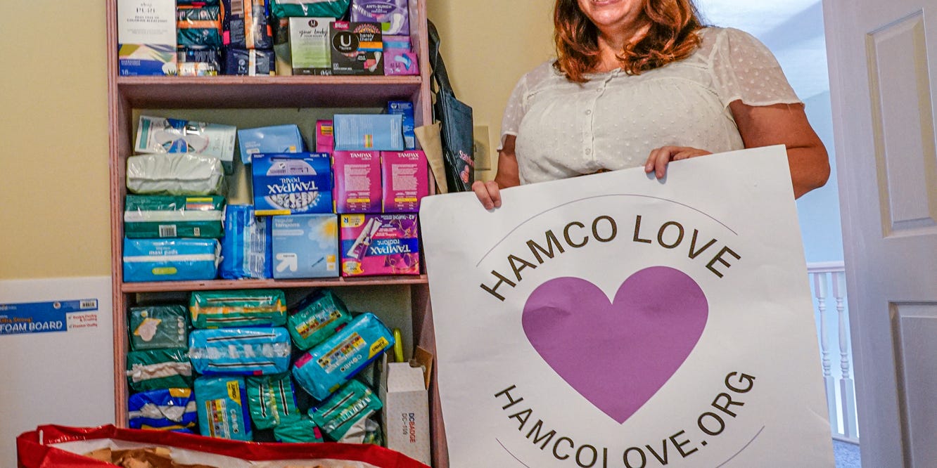 HamCoLove's tweet card. Jennifer Harmon, an HSE librarian, began the nonprofit HamCo Love in 2021. She has collected 60,000 products to distribute across the county.