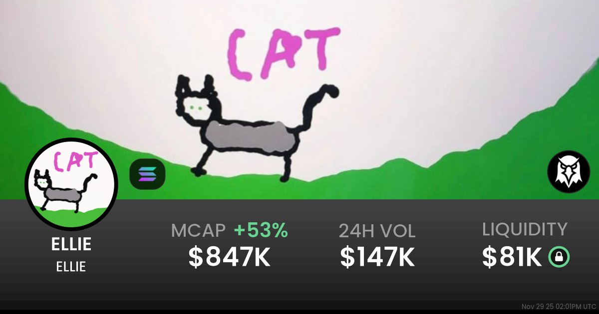 SlantedJudgment's tweet card. $0.0008472 ELLIE (ELLIE) realtime price charts, trading history and info - ELLIE / SOL on Solana / Meteora