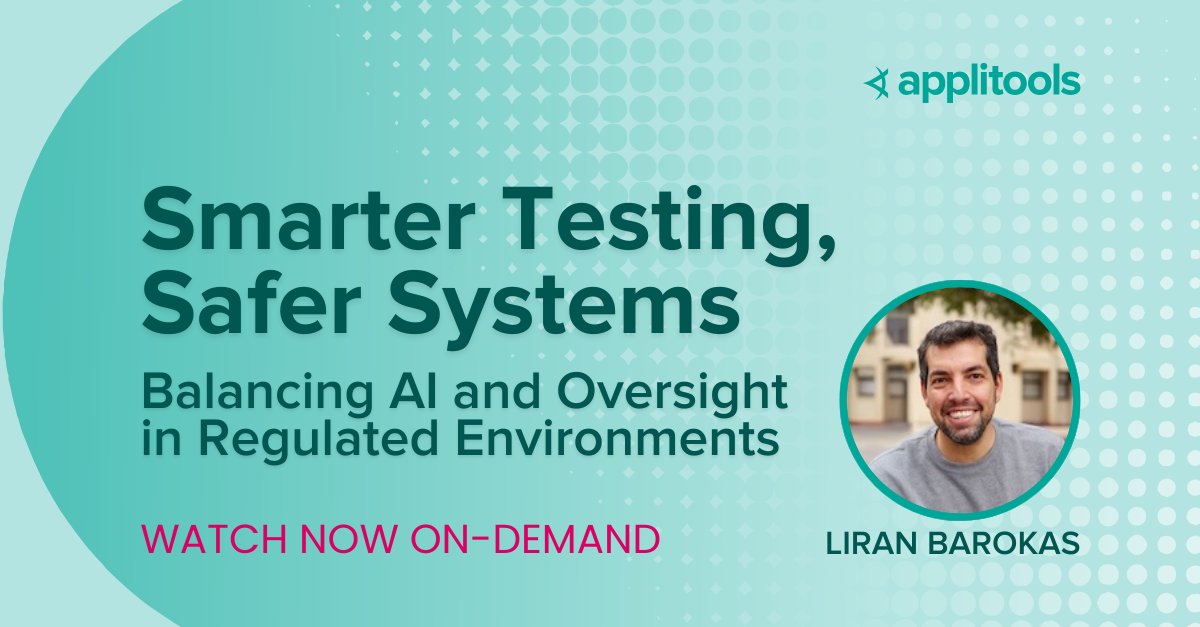 Applitools's tweet card. Learn how applying Visual AI in regulated environments helps teams balance innovation with oversight and deliver consistent, audit-ready results.