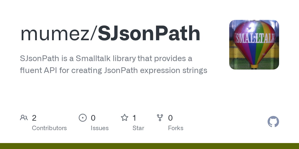 umejava's tweet card. SJsonPath is a Smalltalk library that provides a fluent API for creating JsonPath expression strings - mumez/SJsonPath