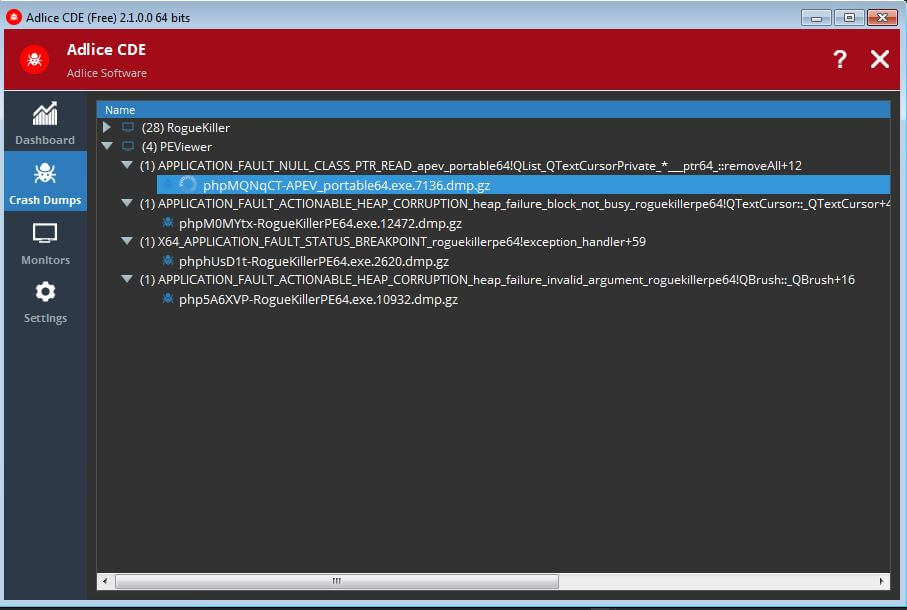 AdliceSoftware's tweet card. CDE (CrashDumpExtractor) organizes crash dumps for your applications. Sort by frequency and group them by bug, avoid duplicate work. Official Download.