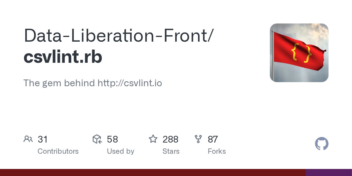 RubyInside's tweet card. The gem behind http://csvlint.io. Contribute to Data-Liberation-Front/csvlint.rb development by creating an account on GitHub.