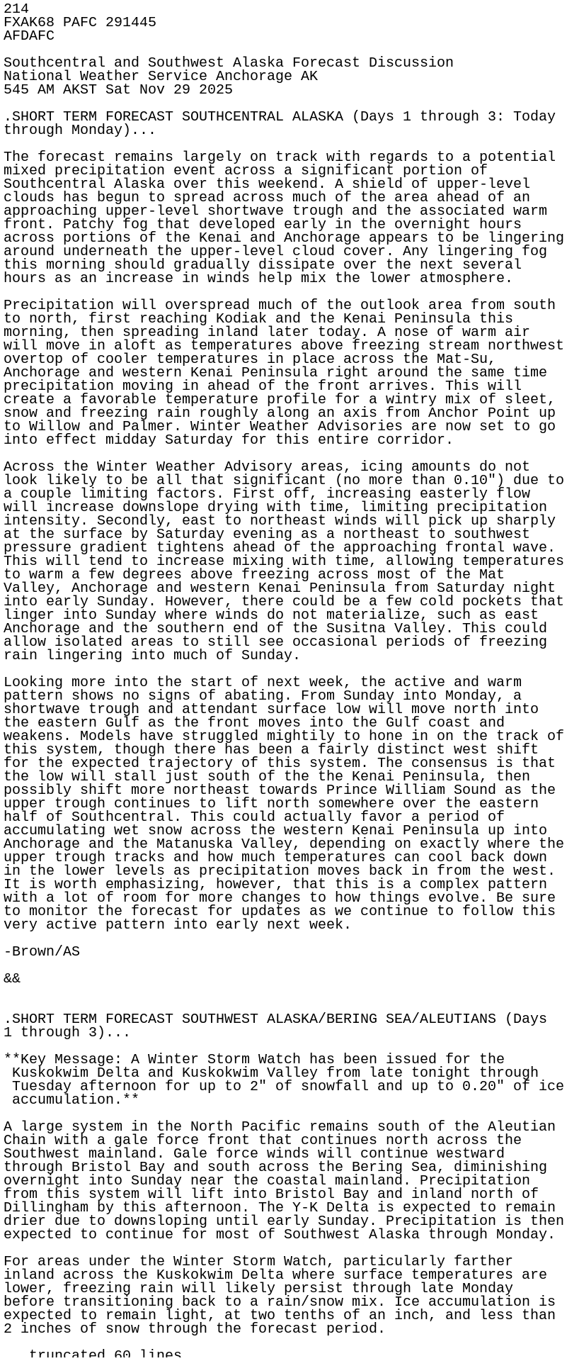 iembot_afc's tweet card. AFD issued by NWS AFC at 29 Nov 2025 14:45 UTC