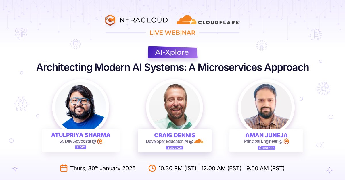 infracloudio's tweet card. Learn to design modern AI infrastructure that supports AI workload and application using microservice patterns in this webinar with Cloudflare.