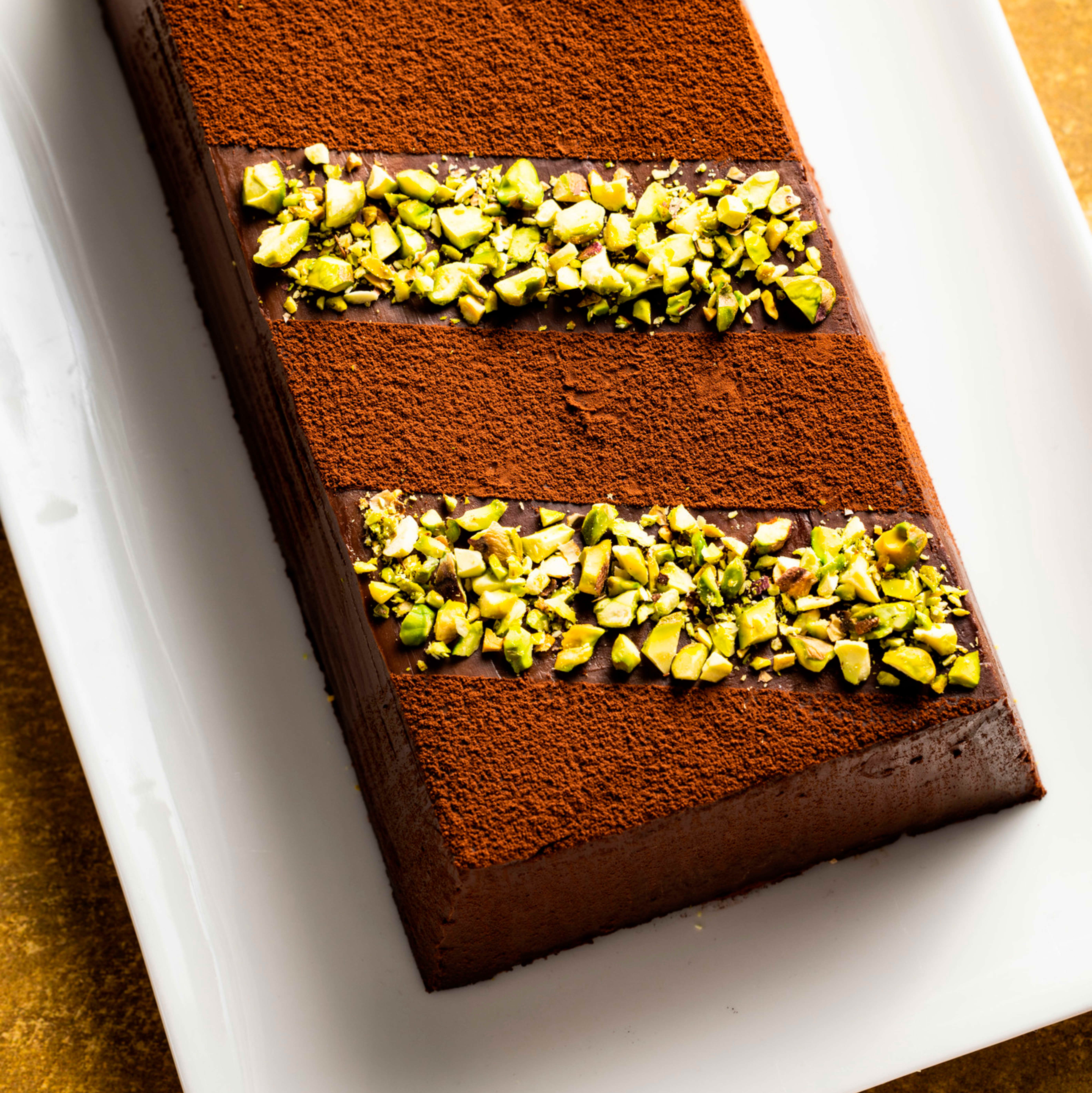 TestKitchen's tweet card. A chocolate terrine, made of chocolate, butter, dairy, and eggs, falls somewhere between an airy chocolate mousse and a dense flourless chocolate cake.