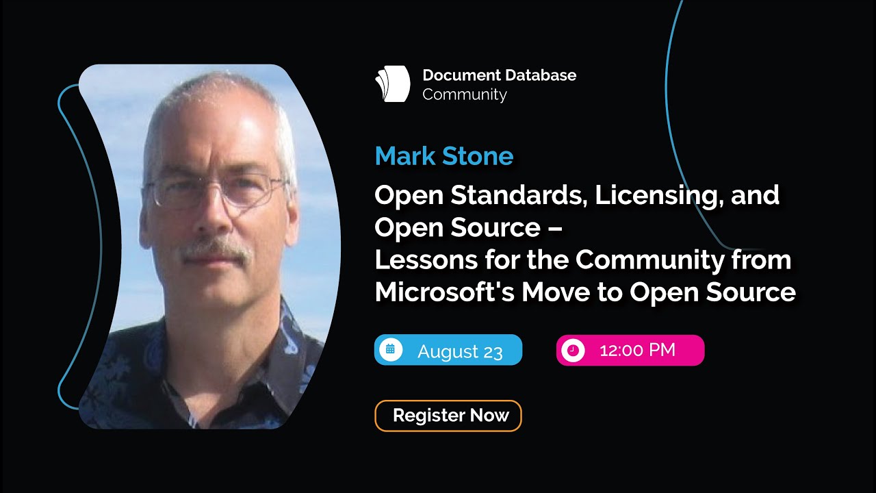 DocDatabaseCom's tweet card. Open Standards, Licensing, and Open Source | Mark Stone | Webinar