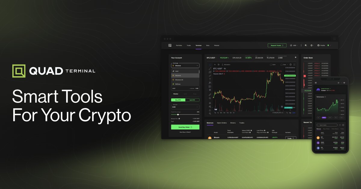 QuadTerminal's tweet card. From partnerships with top global exchanges to GPT-4 powered AI trading, experience the future of crypto investing - free.
