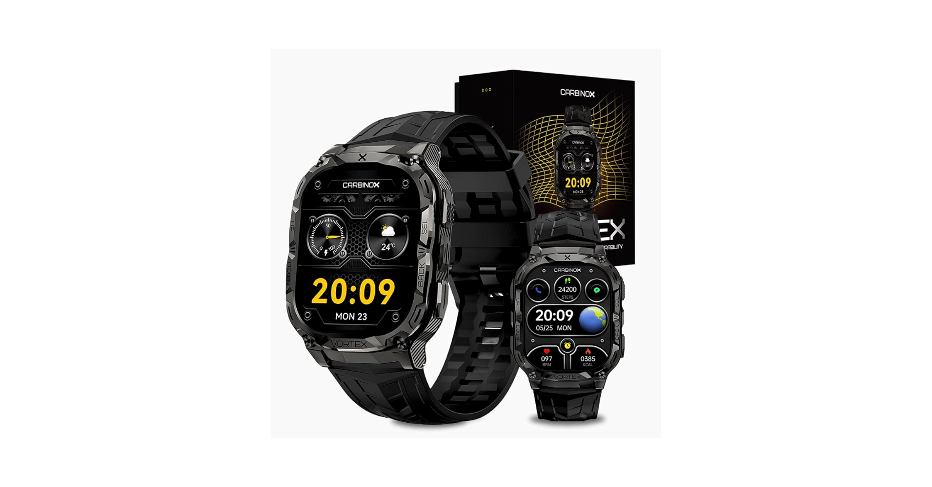 TechDealAlert's tweet card. Introducing the Carbinox Vortex—the rugged smart watch engineered for demanding jobs and tough adventures. Its full zinc-alloy body and Corning Gorilla Glass screen stand up to drops, grit, and rough...