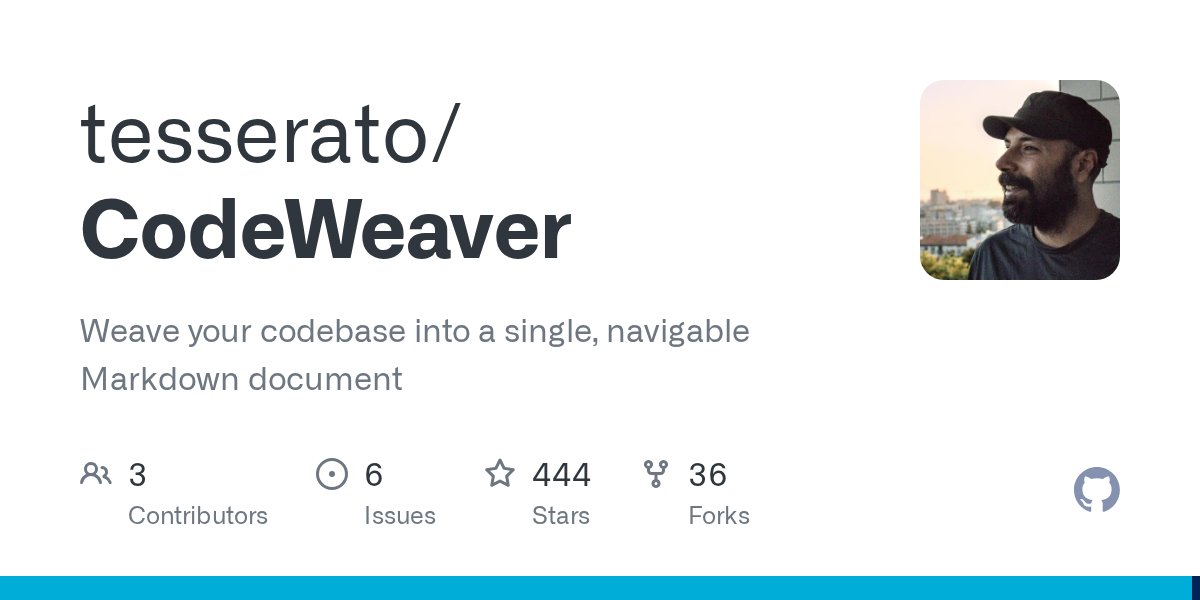 geekbb's tweet card. Weave your codebase into a single, navigable Markdown document - tesserato/CodeWeaver