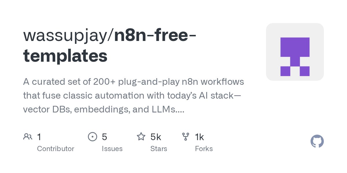 geekbb's tweet card. A curated set of 200+ plug-and-play n8n workflows that fuse classic automation with today’s AI stack—vector DBs, embeddings, and LLMs. Import any JSON, add your creds, hit Activate, and you’re liv...