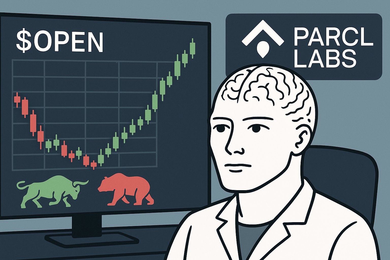 ParclLabs's tweet card. Track Opendoor's real-time QTD revenue performance and active listings across major markets