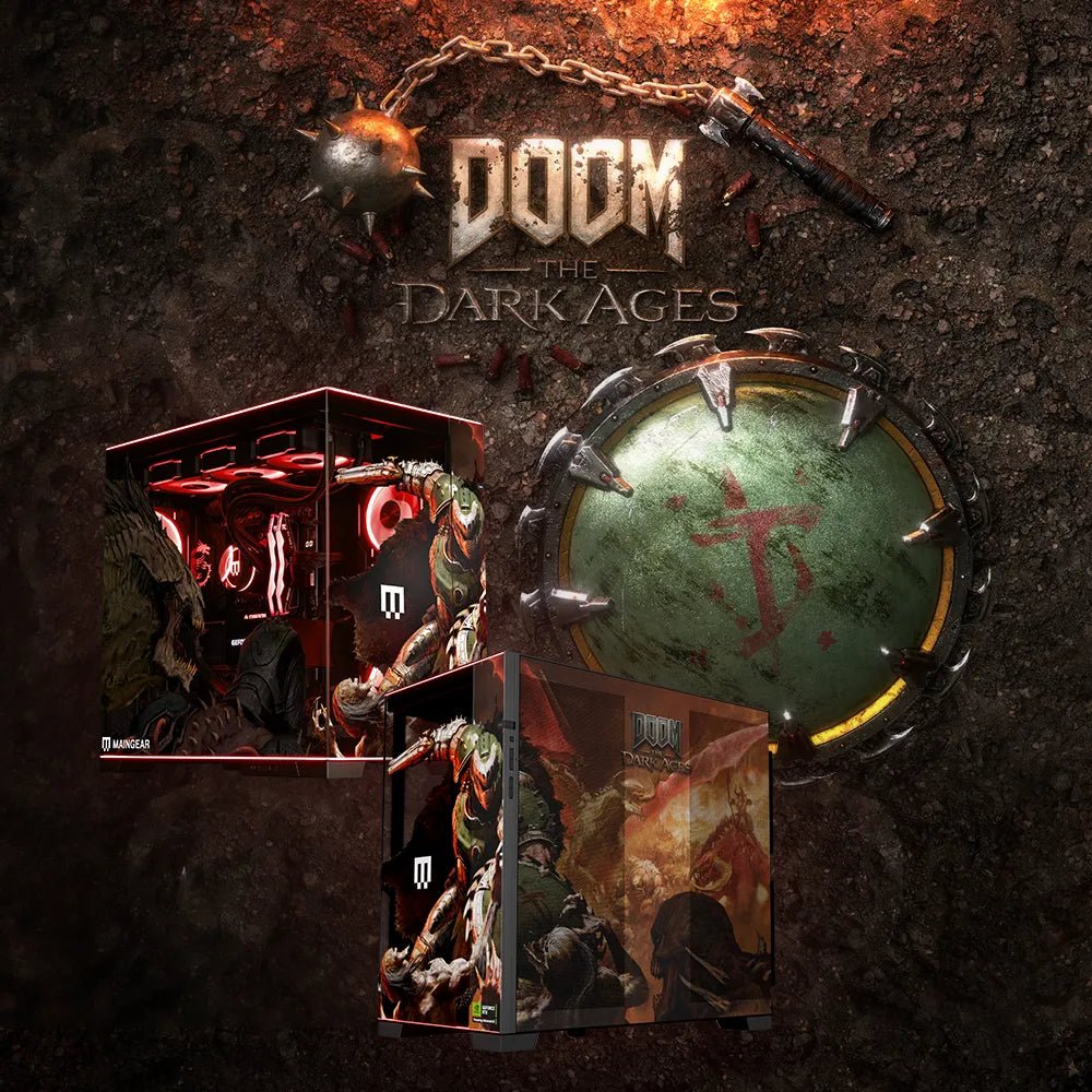 SysIDs's tweet card. Enter for a chance to win a MAINGEAR + NVIDIA Rush Gaming PC with Limited Edition DOOM: The Dark Ages Artwork. 