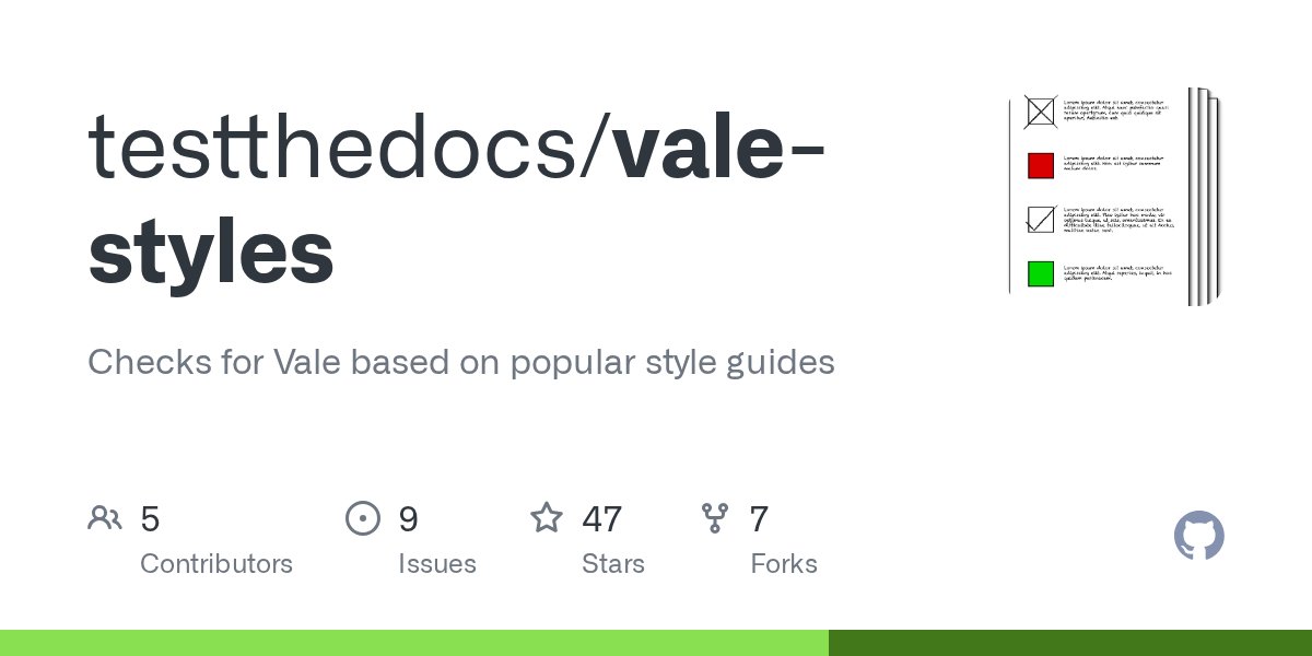 TheMikeJang's tweet card. Checks for Vale based on popular style guides. Contribute to testthedocs/vale-styles development by creating an account on GitHub.