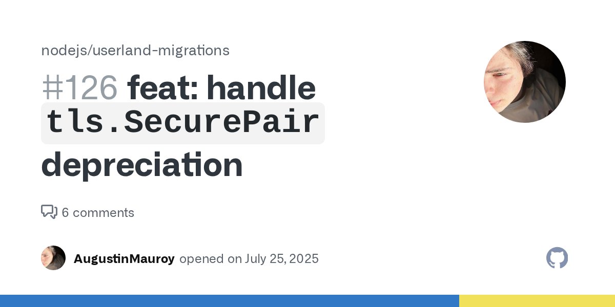 _August1_'s tweet card. Description This codemod should migrate tls.SecurePair to tls.TLSSocket. It's useful to migrate code that uses the deprecated tls.SecurePair class which has been removed. It should handle both ...