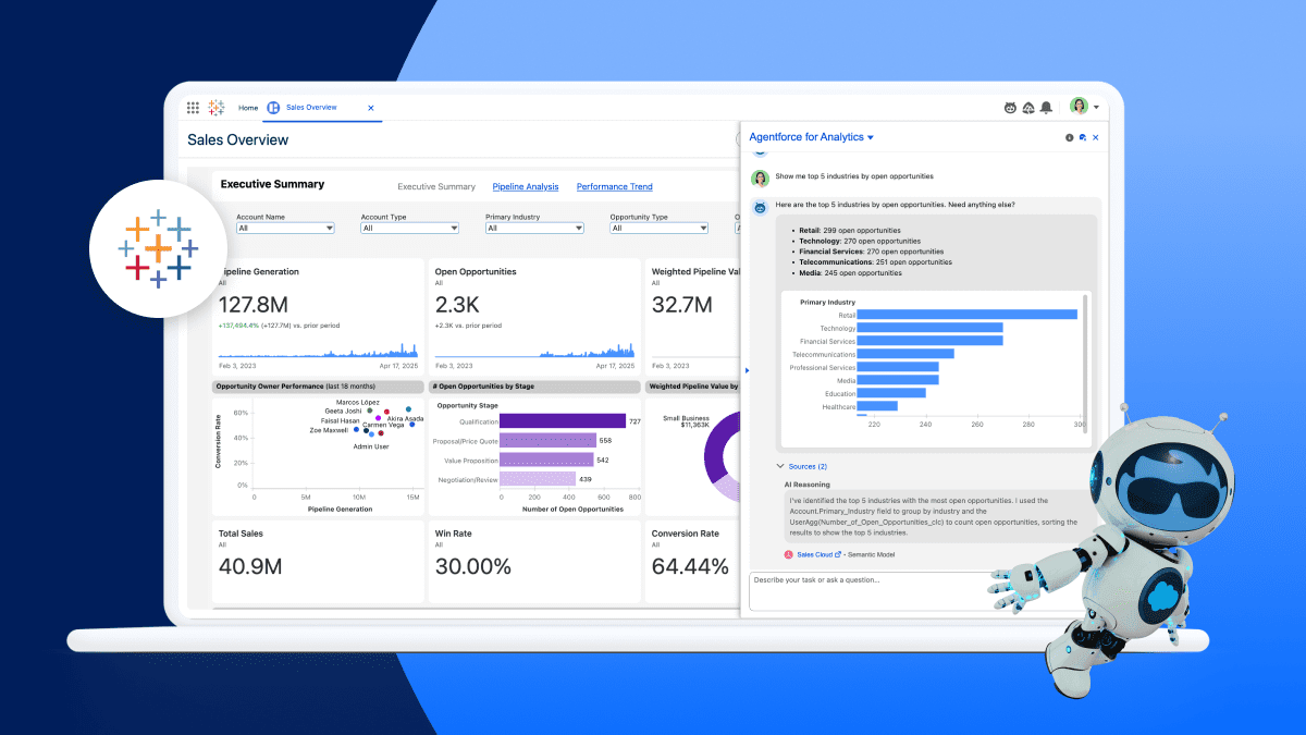 salesforcedevop's tweet card. Salesforce's Tableau Next uses AI agents to deliver boosts data confidence with analytics, helping leaders make faster, smarter decisions.