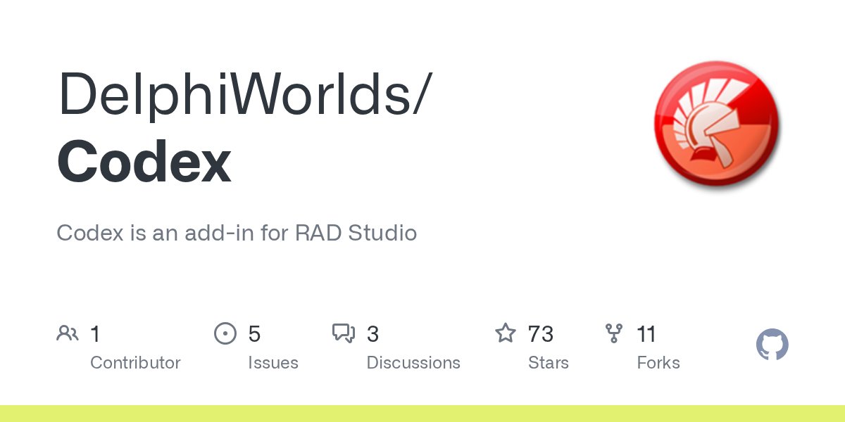 delphiworlds's tweet card. Codex is an add-in for RAD Studio. Contribute to DelphiWorlds/Codex development by creating an account on GitHub.
