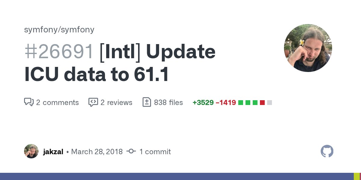 fabpot's tweet card. Q A Branch? 2.7 Bug fix? no New feature? no BC breaks? no Deprecations? no Tests pass? yes (including the intl-data group) Fixed tickets - License MIT Doc PR - ICU 61.1 was r...