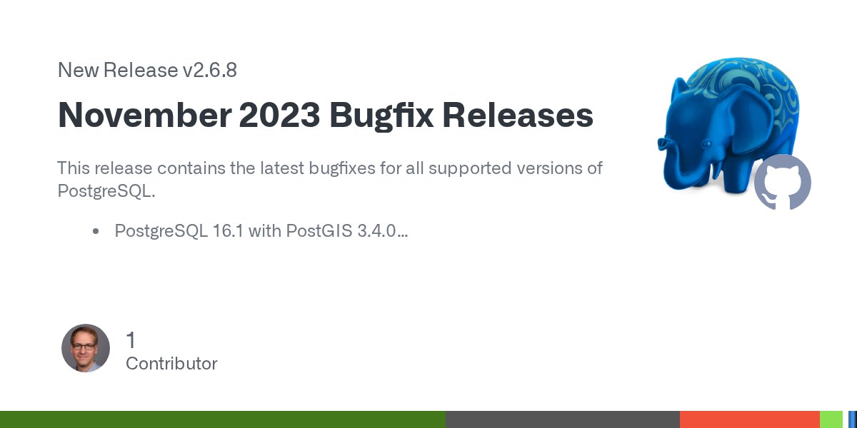 Postgresapp's tweet card. This release contains the latest bugfixes for all supported versions of PostgreSQL. PostgreSQL 16.1 with PostGIS 3.4.0 PostgreSQL 15.5 with PostGIS 3.3.4 PostgreSQL 14.10 with PostGIS 3.2.5 Postgr...