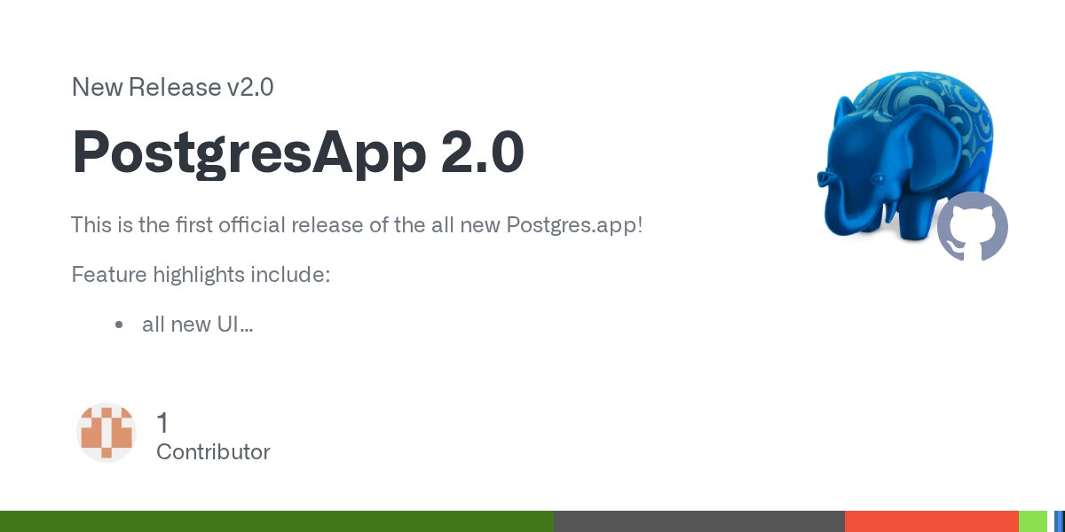 Postgresapp's tweet card. This is the first official release of the all new Postgres.app! Feature highlights include: all new UI automatic updates run multiple servers simultaneously The following versions of PostgreSQL a...