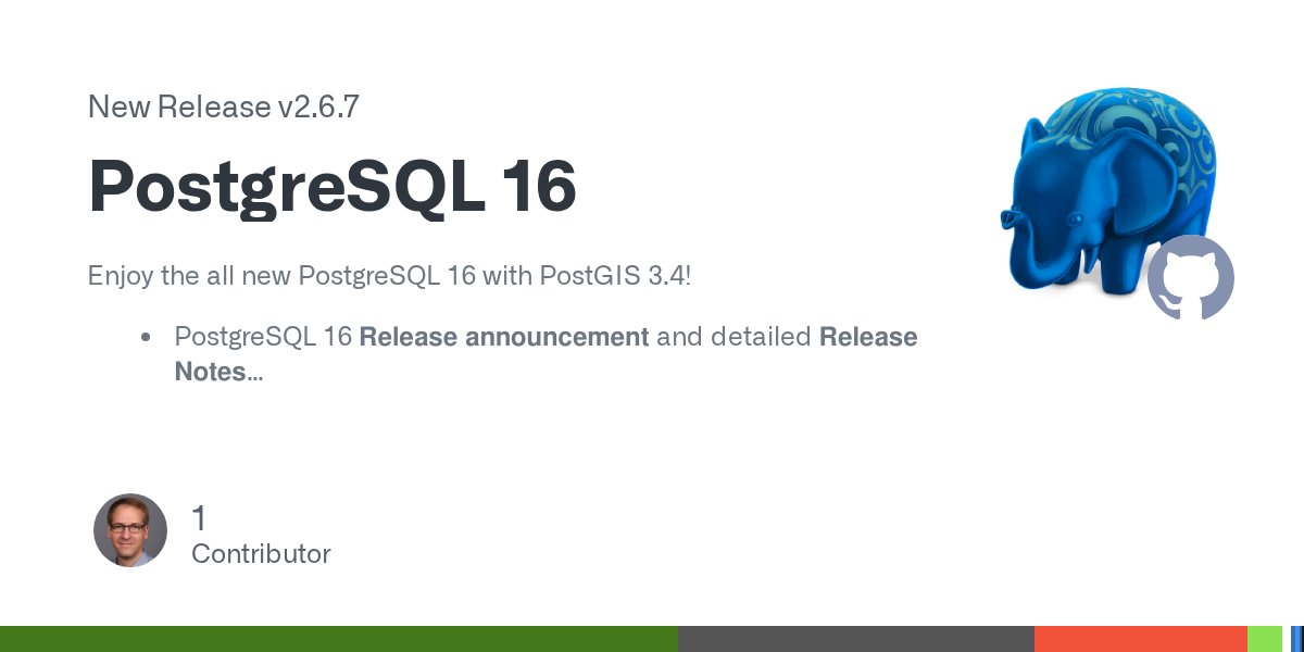 Postgresapp's tweet card. Enjoy the all new PostgreSQL 16 with PostGIS 3.4! PostgreSQL 16 Release announcement and detailed Release Notes PostGIS 3.4.0 (Release notes) with upgraded dependencies incl. GDAL 3.7 and Proj 9.2...