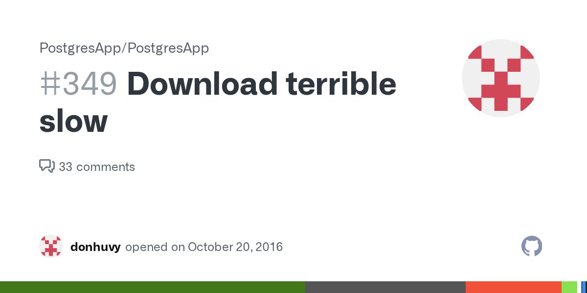 Postgresapp's tweet card. Dear friends, I try to download https://github.com/PostgresApp/PostgresApp/releases/download/9.6.0/Postgres-9.6.0.zip Download speed is terrible slow (about many hours), Please consider using mirro...