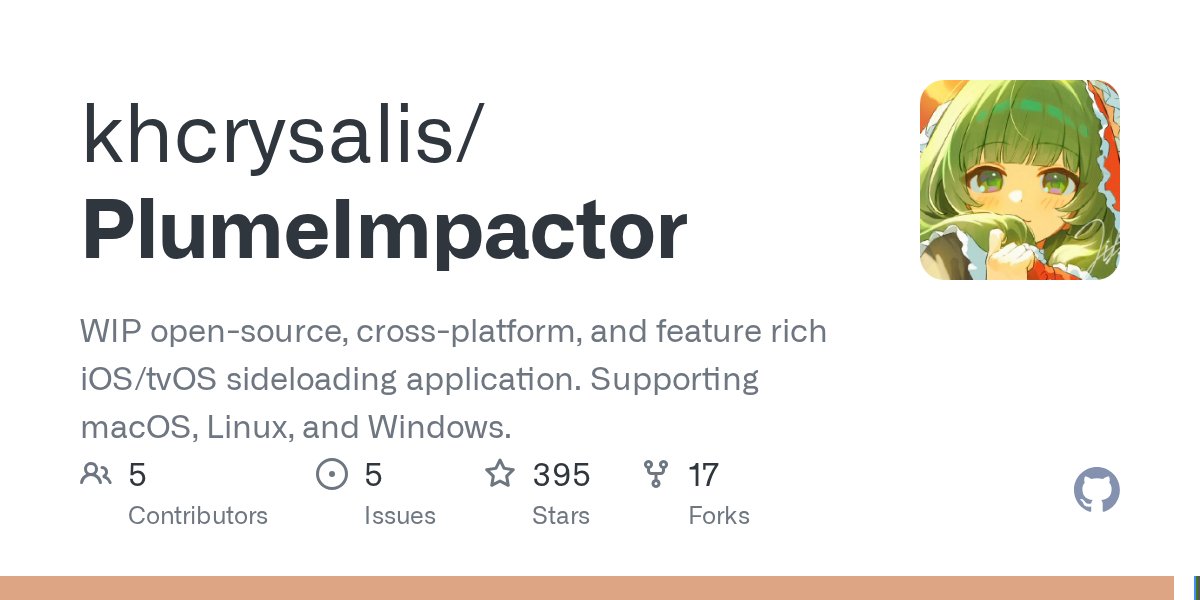khanhduytran0's tweet card. WIP open-source, cross-platform, and feature rich iOS/tvOS sideloading application. Supporting macOS, Linux, and Windows. - khcrysalis/PlumeImpactor