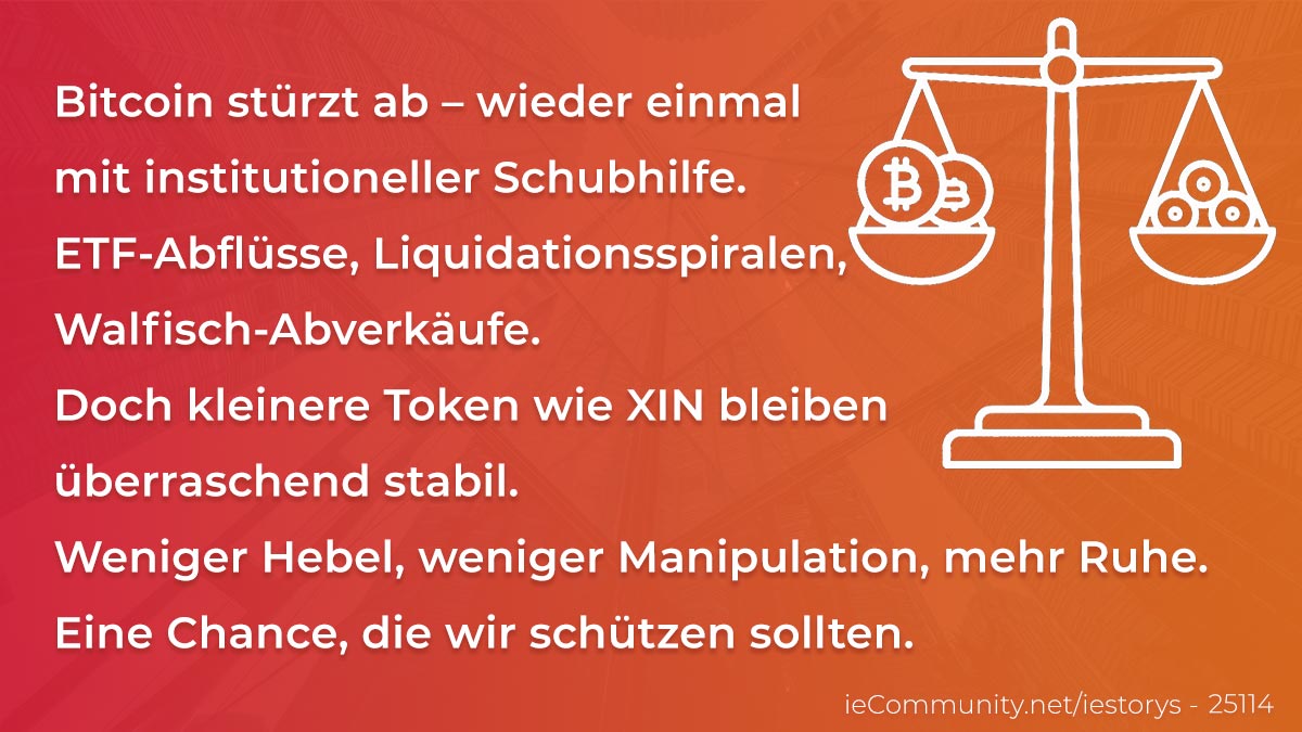 ieCommunity's tweet card. Institutionelle Mechanismen drücken BTC. XIN profitiert von weniger Hebel und mehr Dezentralität.