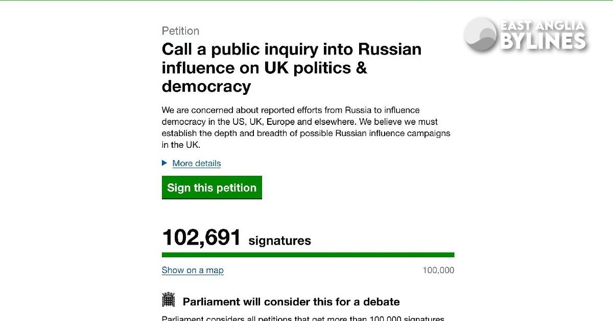 mikegalsworthy's tweet card. A petition demanding a full inquiry into Russian influence in UK politics has passed 100,000 signatures