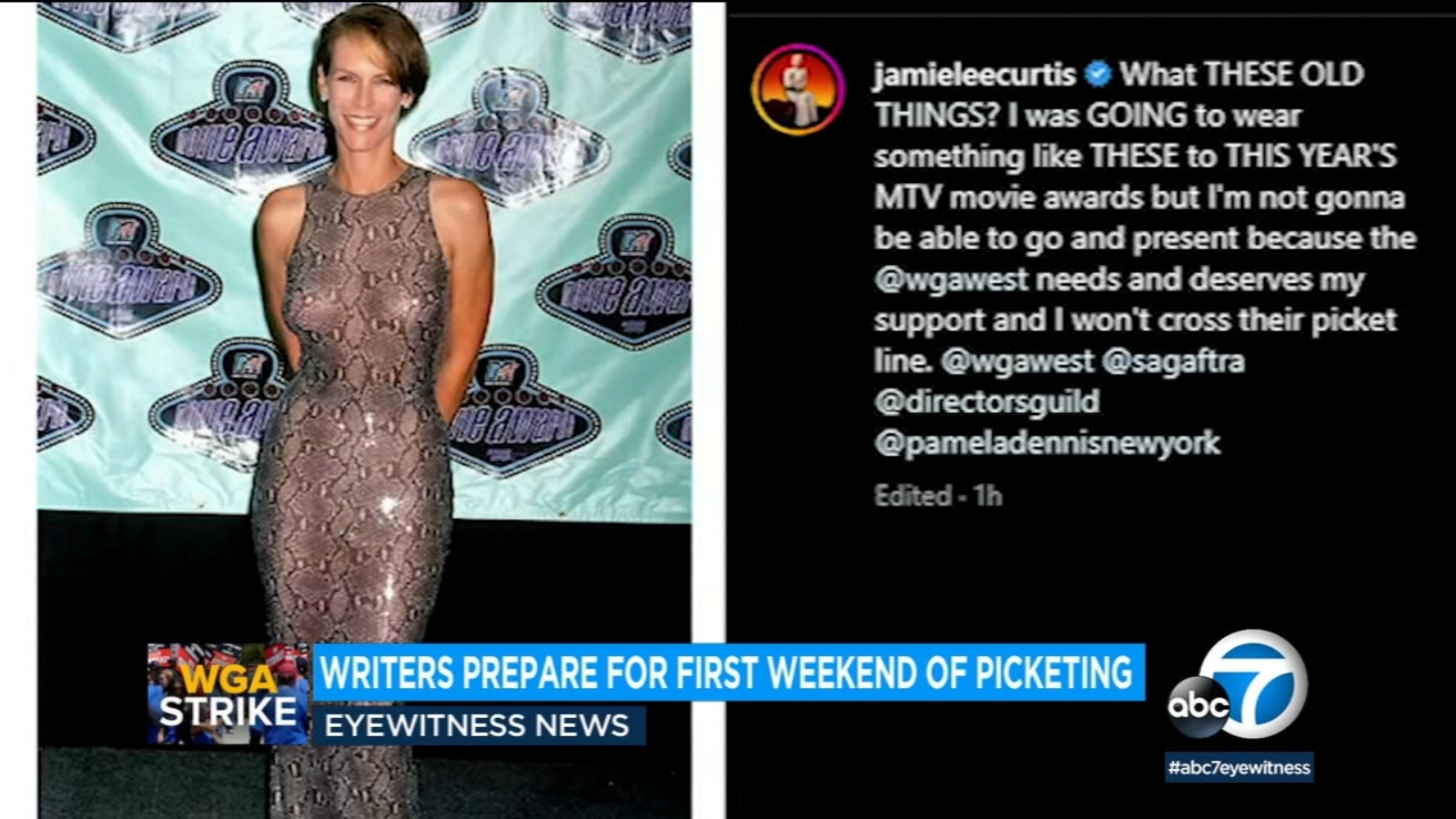 ABC7's tweet card. The MTV Movie & TV Awards has canceled its live broadcast after host Drew Barrymore dropped out to stand in solidarity with the WGA strikers.