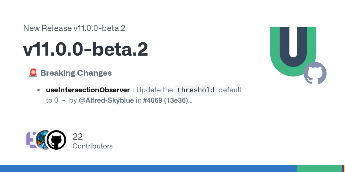 VueUse's tweet card.    🚨 Breaking Changes useIntersectionObserver: Update the threshold default to 0  -  by @Alfred-Skyblue in #4069 (13e36)    🚀 Features useCssVars: Remove property on null/undefined  -  by @ferfe...
