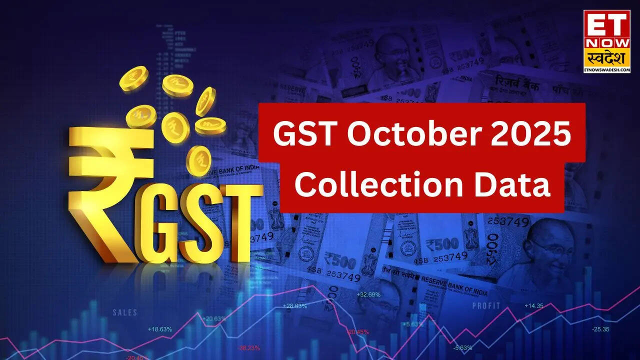 ETNowSwadesh's tweet card. GST October 2025 Collection Data: आज यानी 1 नवंबर 2025 को जारी सरकारी आंकड़ों के अनुसार, अक्टूबर में ग्रॉस जीएसटी संग्रह लगभग 1.96 लाख करोड़ रुपये रहा, जो अक्टूबर 2024 में हुए 1.87 लाख करोड़ रुपये के...
