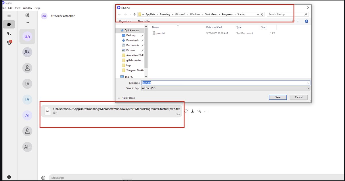 h4x0r_dz's tweet card. Signal Desktop Path Traversal vulnerability in Attachment Saving summary I found a path-traversal bug in Signal Desktop’s attachment save feature. The app uses the attachment’s fileName from the …