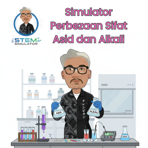 mdnursyazwi's tweet card. Simulasi perbezaan sifat kimia antara Asid dan Alkali dengan visualisasi ion.