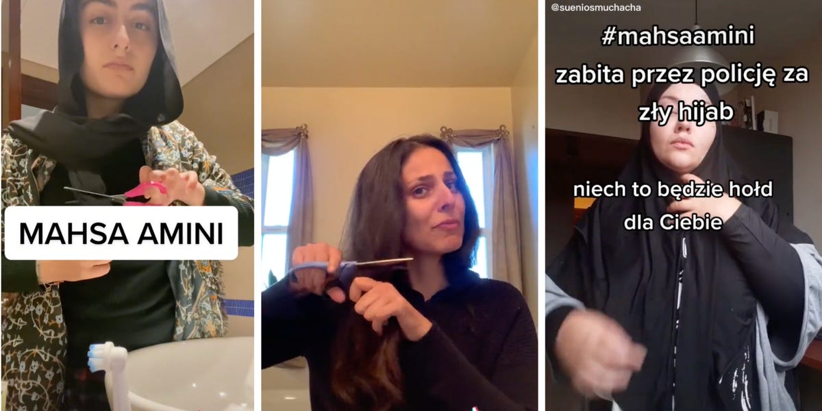 InsiderIntl's tweet card. Women post TikToks protesting the death of Mahsa Amini in Iranian police custody after she was detained on suspicion of breaking hijab-wearing rules.