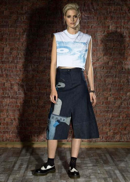 theautonomousc's tweet card.   100% Recycled scrap denim Patchwork detailing Split on front and back Two side pockets Zip and button fly fastening Made in the UK Dry clean only