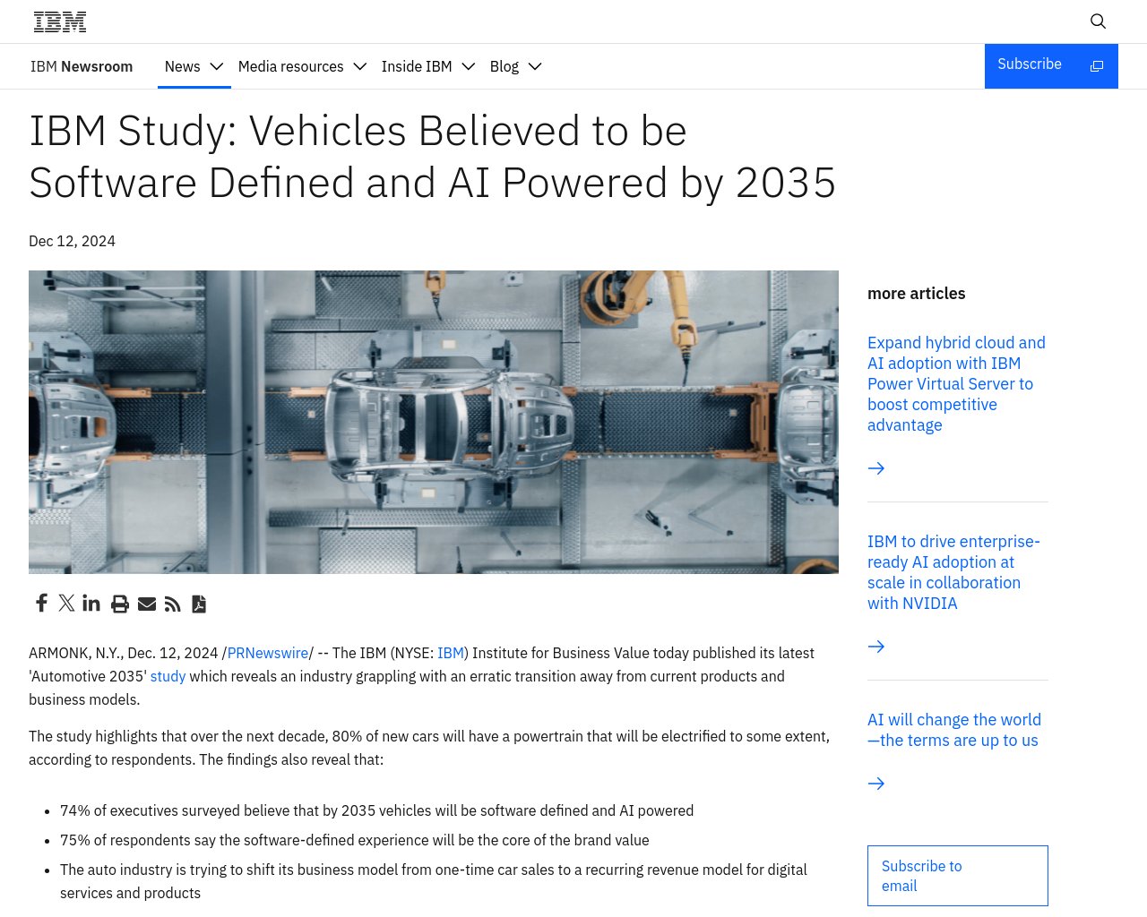 managetech_inc's tweet card. 2035年の自動車業界に関するIBMの最新研究が発表された。 次の10年で、新車の80%がある程度電動化された
