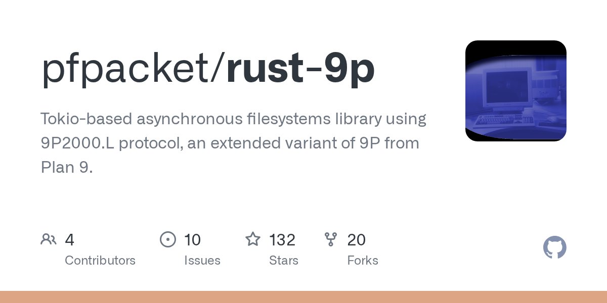 RustRepos's tweet card. Tokio-based asynchronous filesystems library using 9P2000.L protocol, an extended variant of 9P from Plan 9. - pfpacket/rust-9p