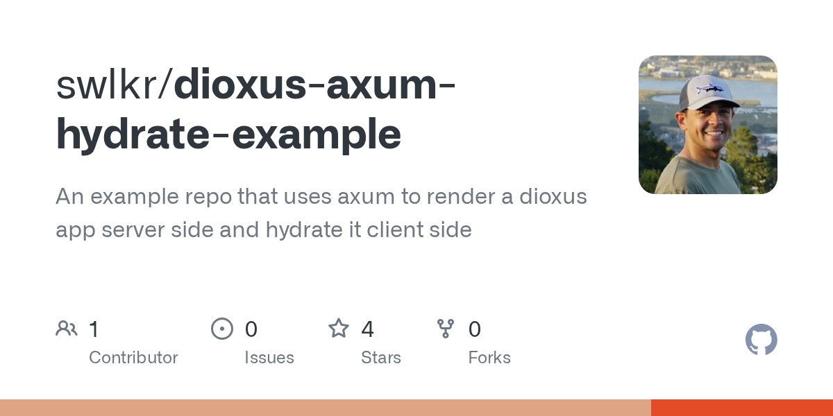 swlkr's tweet card. An example repo that uses axum to render a dioxus app server side and hydrate it client side - swlkr/dioxus-axum-hydrate-example