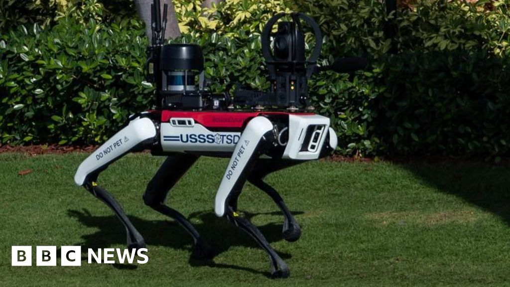 BBCTech's tweet card. Robotic dogs are helping law enforcement protect President-elect Donald Trump at his Florida residence.