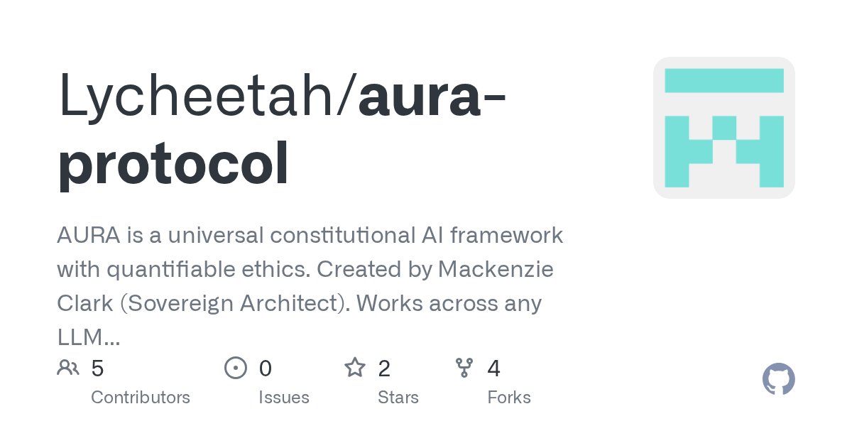 LycheetahLYC's tweet card. AURA is a universal constitutional AI framework with quantifiable ethics. Created by Mackenzie Clark (Sovereign Architect). Works across any LLM without retraining. Three metrics—Trust Entropy, Val...